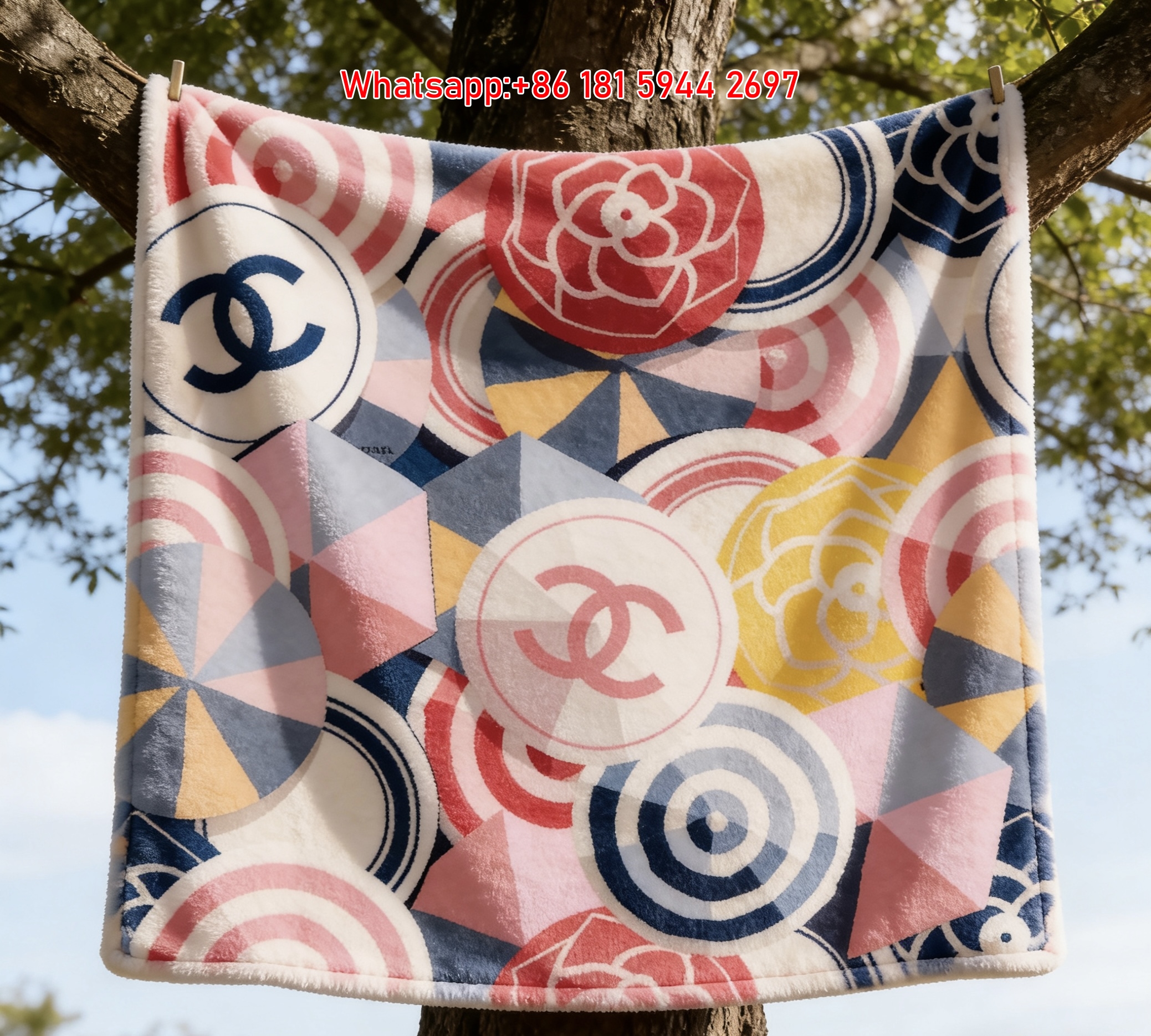 Chanel Camellia & CC Logo Geometric Flannel Sofa Throw Blanket IMG_6849